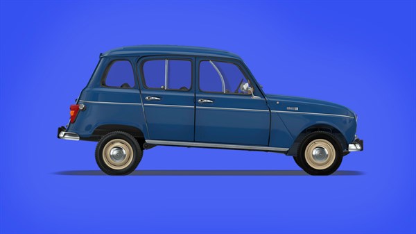 Plavo vozilo Renault 4 iz 1961. prikazano sa strane na plavoj pozadini.