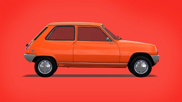 Narančasto vozilo Renault 5 iz 1972. prikazano sa strane na crvenoj pozadini.