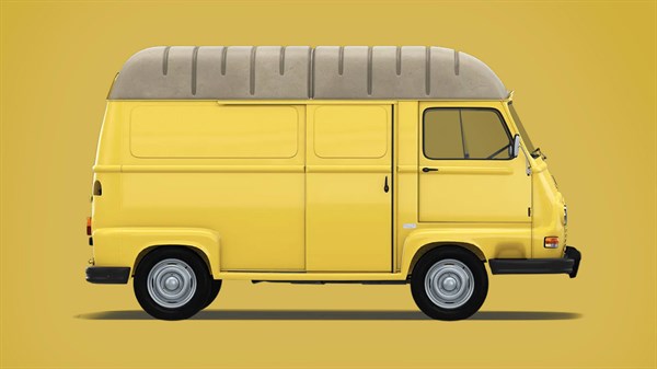 Žuto vozilo Renault Estafette iz 1959. prikazano sa strane na žutoj pozadini.