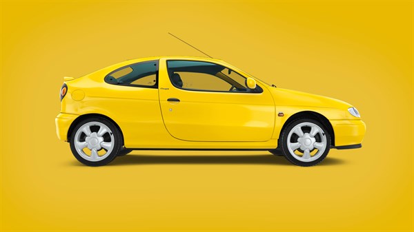 Žuto vozilo Megane iz 1995. prikazano sa strane na žutoj pozadini.