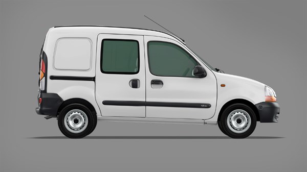 Bijelo vozilo Kangoo iz 1997. prikazano sa strane na svijetlosivoj pozadini.