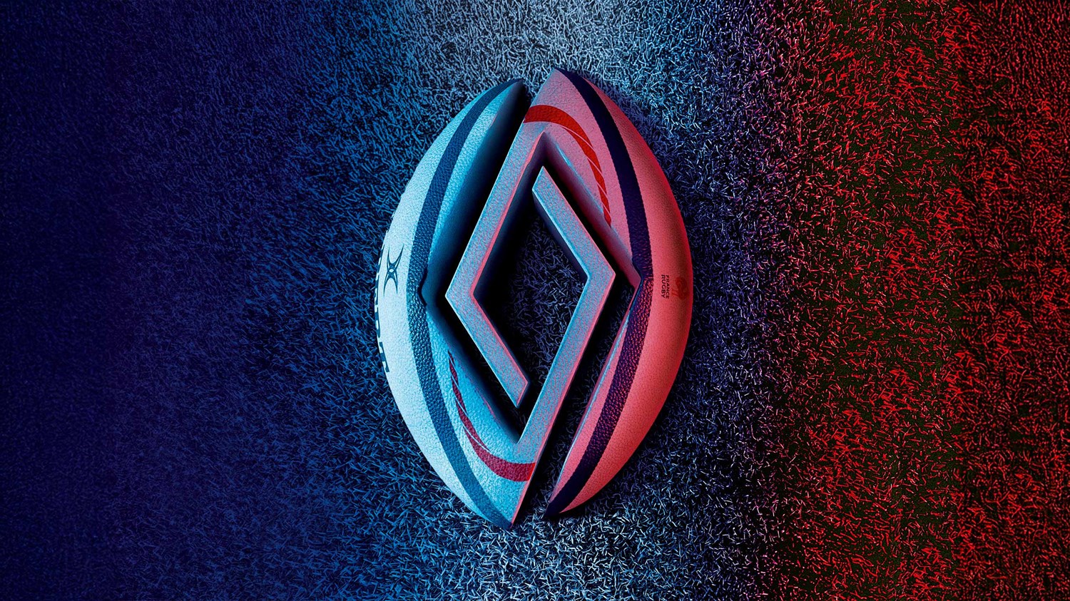 Umjetnička instalacija Renault dijamant logotipa u plavo-crvenom osvjetljenju na teksturiranoj podlozi.