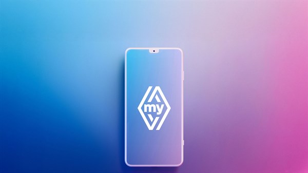 Pametni telefon s prikazom aplikacije My Renault na plavo-ružičastoj pozadini.