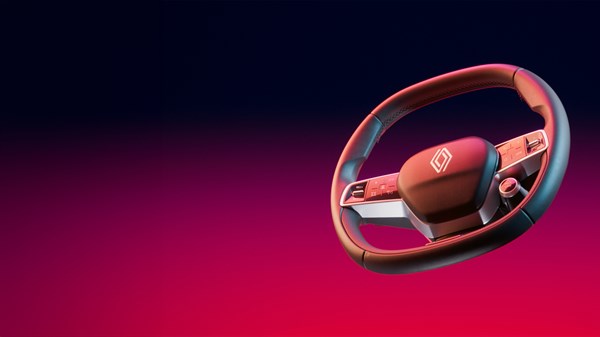 Upravljač vozila Renault s logotipom u sredini, prikazan na ružičasto-ljubičastoj gradijentnoj pozadini.