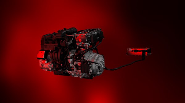 Pogonski sklop E-Tech s vidljivim motorom i baterijskim modulom na crvenoj pozadini
