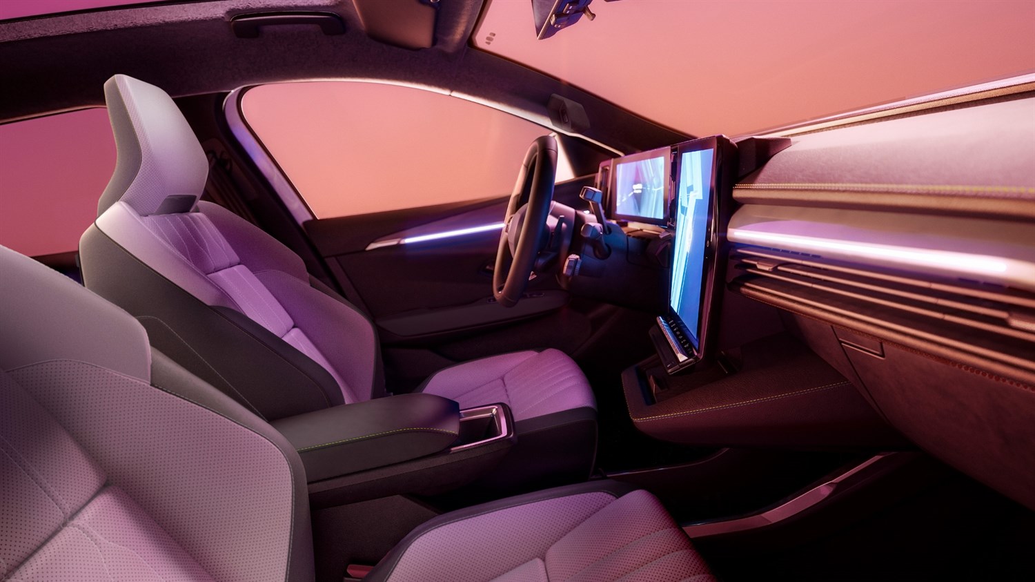 Unutrašnjost vozila Renault s prikazom prednjih sjedala, upravljača i dva digitalna zaslona, uz ambijentalno osvjetljenje u ružičasto-ljubičastim tonovima.