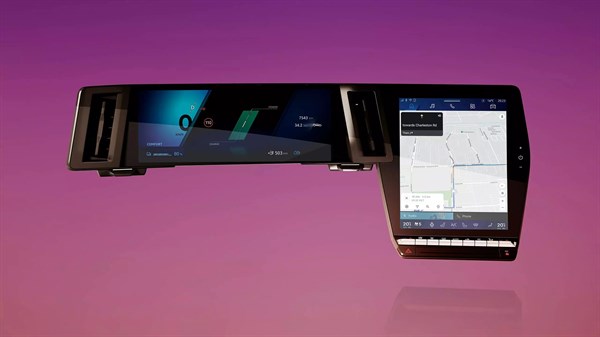 Digitalni multimedijski zaslon vozila s kombinacijom instrumentne ploče i središnjeg dodirnog ekrana s prikazom navigacije na ružičastoj pozadini.