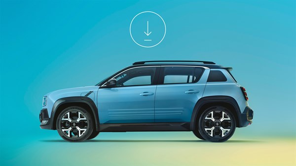Bočni prikaz plavog vozila Renault 4 na plavo-tirkiznoj pozadini s ikonom za preuzimanje koja označava ažuriranje multimedijskog sustava.