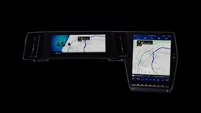 Zaslon multimedijskog sustava openR link u vozilu Renault Megane E-Tech electric s prikazom Google Maps navigacije i rute.