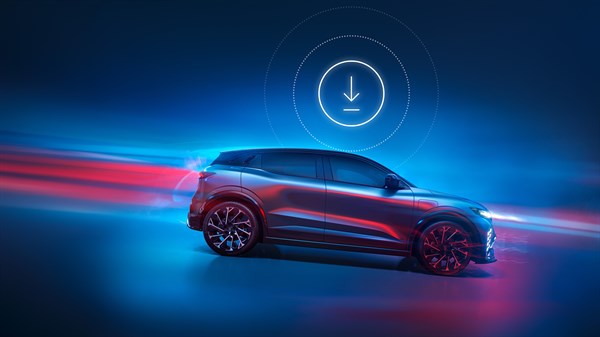 Plavi Renault Megane E-Tech electric u vožnji, s grafičkim prikazom preuzimanja softverskog ažuriranja iznad vozila.