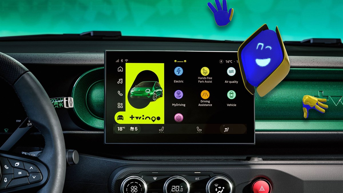Pogled na interijer vozila Renault Twingo E-Tech electric sa središnjim openR link zaslonom i prikazom digitalnog avatara reno za glasovnu interakciju i upravljanje funkcijama vozila.
