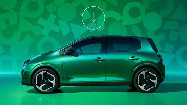 Bočni pogled na vozilo Renault Twingo E-Tech electric u zelenoj boji s ikonom preuzimanja iznad vozila koja simbolizira bežurno softversko ažuriranje putem FOTA tehnologije.