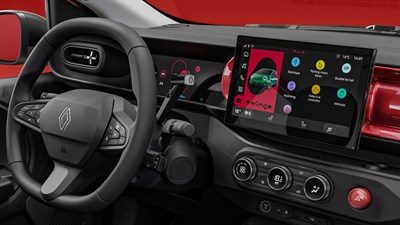 Unutrašnjost vozila Renault Twingo E-Tech electric sa središnjim zaslonom openR link i prikazom čarobnjaka za početno postavljanje sustava