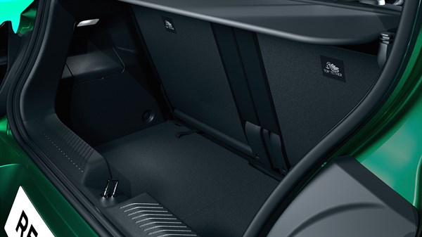 Prtljažnik vozila Renault Twingo E-Tech electric s postavljenom YouClip uvlačnom pregradom za zaštitu sadržaja prtljažnika.