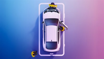Bijelo vozilo Renault prikazano odozgo, okruženo osobama koje ga pregledavaju na plavo ljubičastoj pozadini.