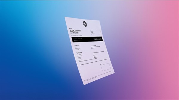 Dokument s naslovom 'Your Service Agreement' lebdi u zraku ispred pozadine u plavim i ružičastim tonovima.
