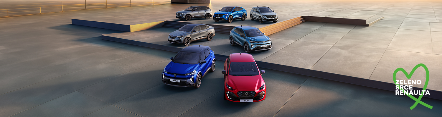 Više Renault vozila raspoređenih na modernoj urbanoj platformi, pogled odozgo.