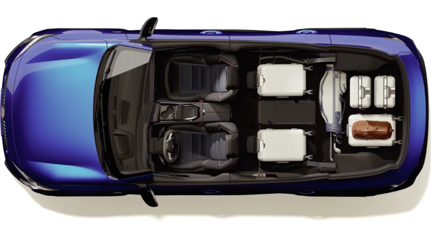 Pogled odozgo na vozilo Rafale E-Tech hybrid s prikazom unutrašnjosti i prtljage, uključujući tri reda sjedala i prostor za kovčege.