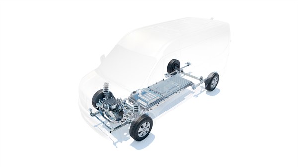 Grafički prikaz šasije vozila Master E-Tech electric s istaknutim položajem baterije i elektromotora
