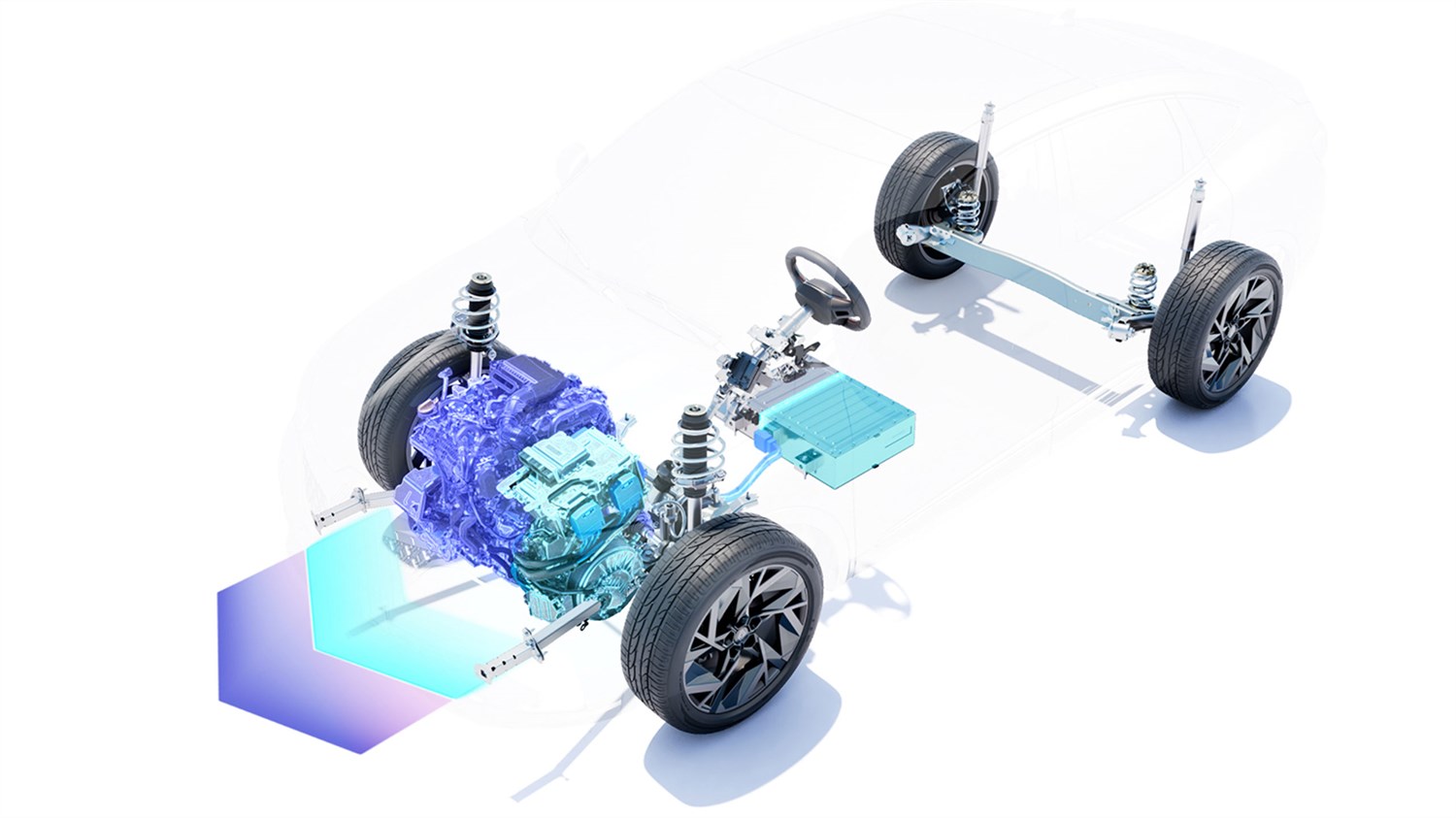 Pogon vozila Megane Conquest full hybrid E-Tech s prikazom glavnih mehaničkih i električnih komponenti.







