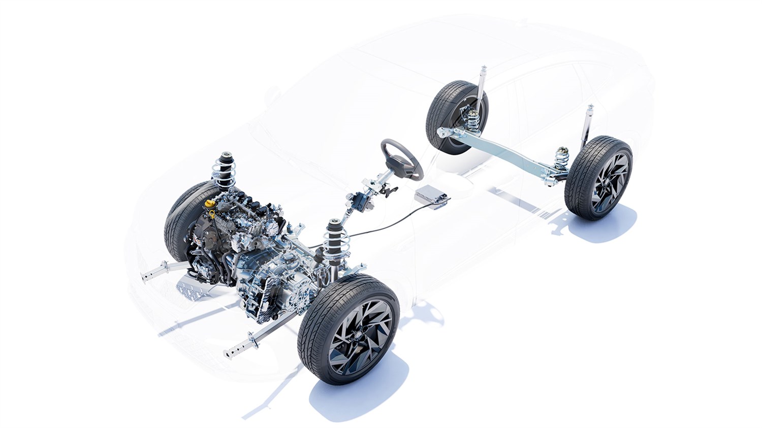 Tehnička ilustracija pogonskog sklopa vozila Megane Conquest full hybrid E-Tech s prikazom električnih i mehaničkih dijelova unutar obrisa vozila.







