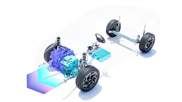 Prikaz pogonskog sklopa vozila Megane Conquest full hybrid E-Tech s naglašenim električnim komponentama u boji, unutar obrisa vozila.







