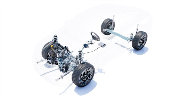 Prikaz pogonskog sklopa vozila Megane Conquest full hybrid E-Tech s istaknutim motorom, ovjesom i upravljačkim sustavom.






