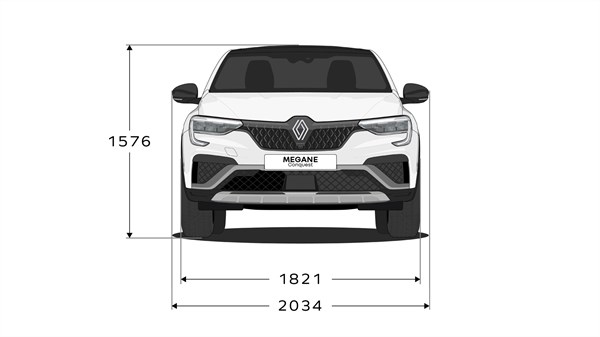 Prednji tehnički prikaz vozila Megane Conquest full hybrid E-Tech s dimenzijama širine i visine.


