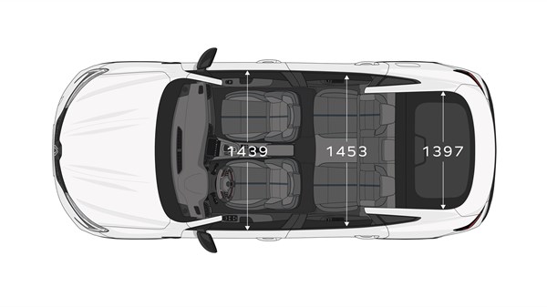 Pogled odozgo na unutrašnjost vozila Megane Conquest full hybrid E-Tech s označenim širinama kabine.

