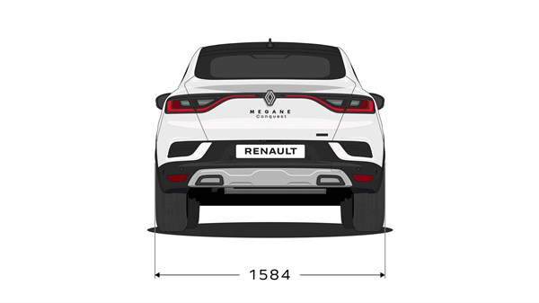 Stražnji tehnički prikaz vozila Megane Conquest full hybrid E-Tech s prikazanom ukupnom širinom.







