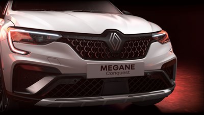 Pogled na prednju masku Megane Conquest full hybrid E-Tech s naglašenim LED svjetlima i sportskim dizajnom.

