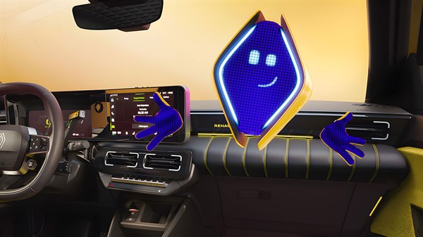 Renault 5 interijer s digitalnim asistentom reno prikazanim na zaslonu.
