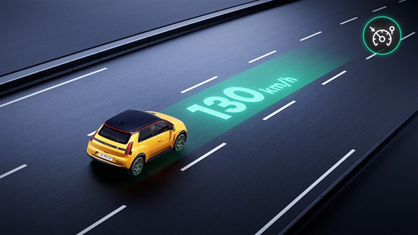 Renault 5 vozi zelenom trakom uz prikaz stalne brzine 130 km/h, simbolizira tempomat.