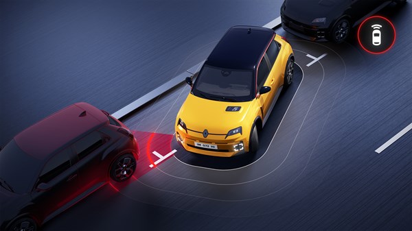 Vozilo Renault 5 približava se drugom vozilu sprijeda, a senzori upozoravaju vozača vizualno i zvučno.