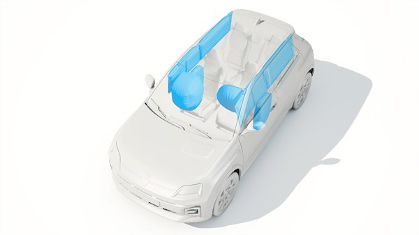 Prikaz unutrašnjosti vozila Renault 5 E-Tech electric s aktiviranim zračnim jastucima.







