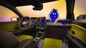 Unutrašnjost vozila Renault 5 E-Tech electric s prikazom virtualnog reno avatara na središnjem zaslonu.