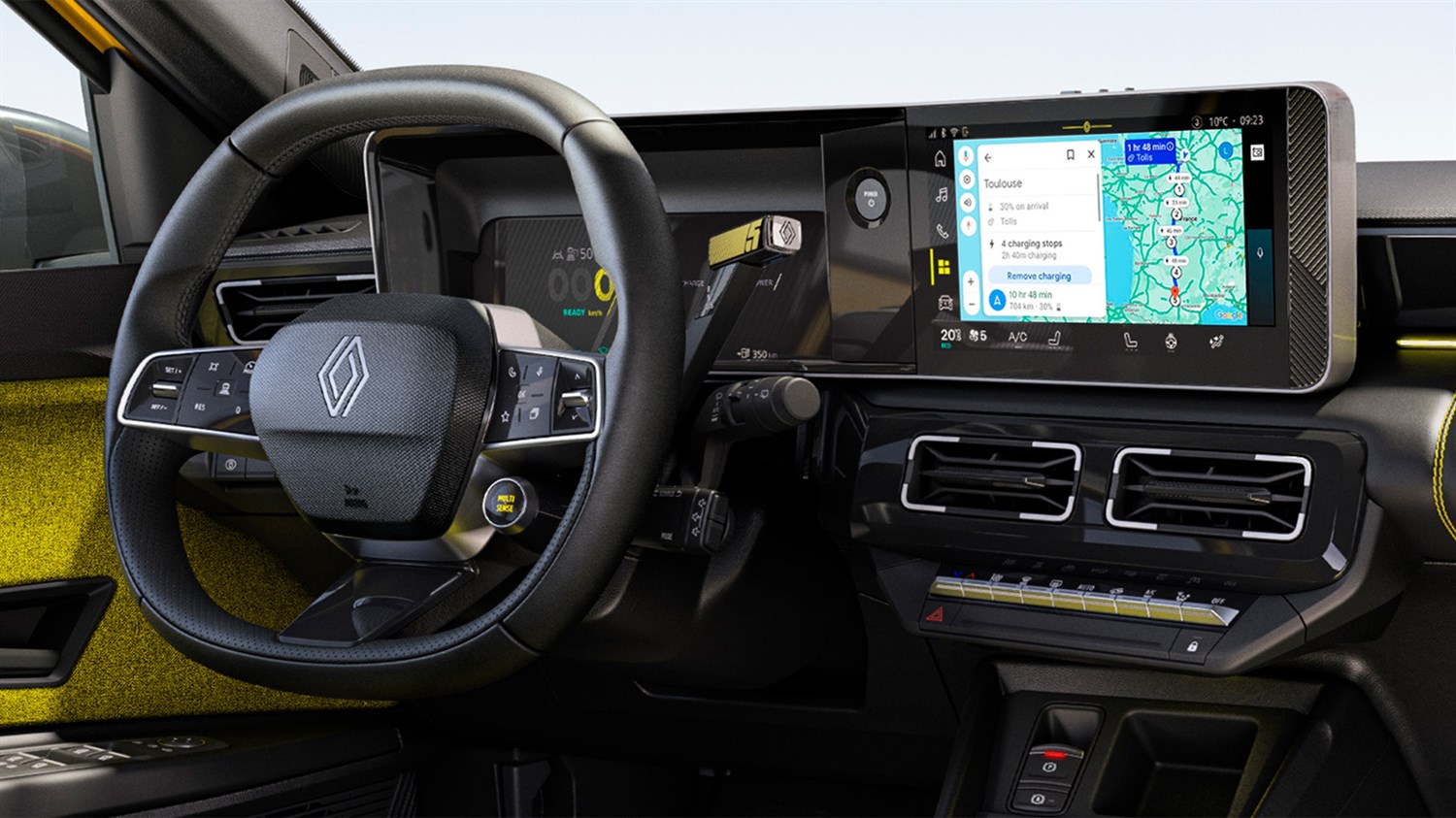 Volan i digitalna instrument ploča Renault 5 E-Tech Electric s prikazom navigacije na desnom zaslonu