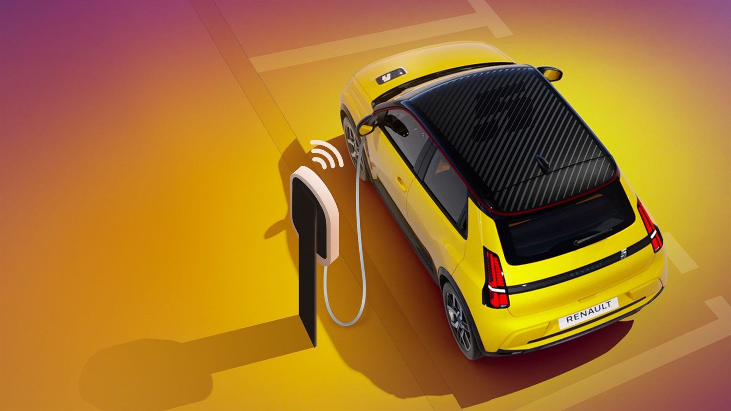 Renault 5 E-Tech Electric u žutoj boji priključen na stanicu za punjenje, prikazan iz gornje perspektive na šarenoj pozadini