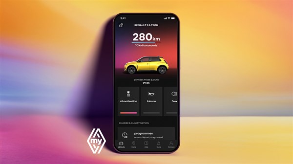 mobilni telefon s prikazom My Renault aplikacije za upravljanje funkcijama vozila Renault 5 poput dosega i punjenja