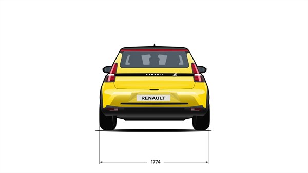 Tehnički prikaz vozila Renault 5: pogled straga s prikazom širine vozila