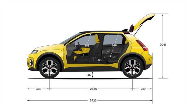 Bočni tehnički crtež vozila Renault 5 s otvorenim prtljažnikom i označenim duljinama, visinom vozila te prostorom za noge i glavu putnika.