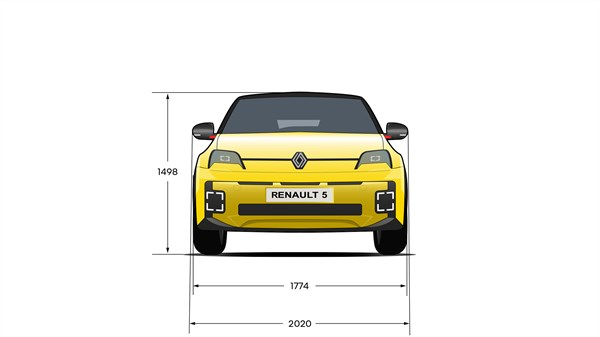 Prednji tehnički crtež vozila Renault 5 s označenom ukupnom širinom i visinom vozila.