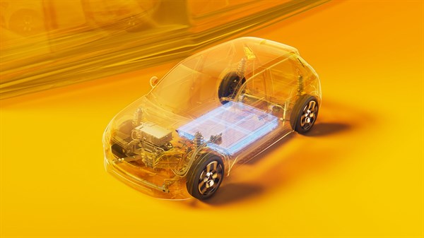 Poluprozirni Renault 5 u žutoj boji s prikazom električnih komponenti i oznakom za video reprodukciju.