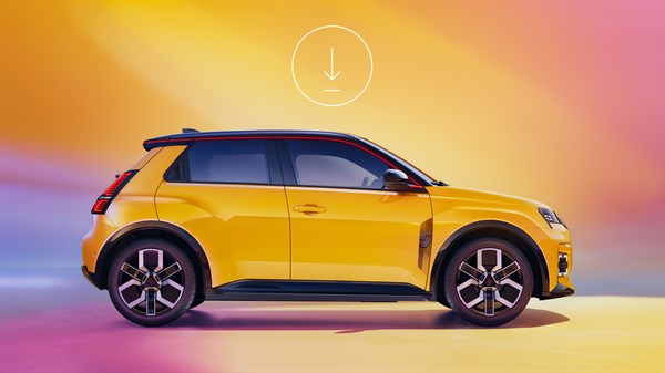 Renault 5 u jarko žutoj boji, bočno parkiran na šarenoj pozadini.








