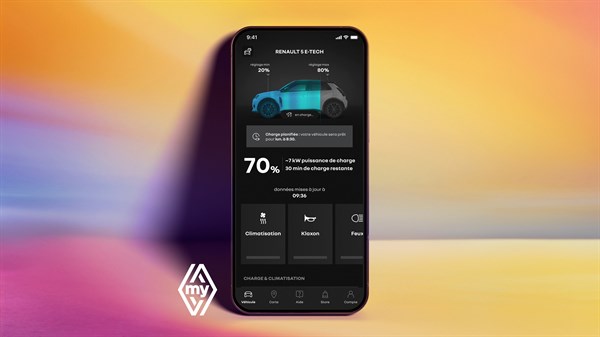 Prikaz mobilne aplikacije My Renault na zaslonu pametnog telefona, s informacijama o razini napunjenosti vozila i opcijama daljinskog upravljanja.