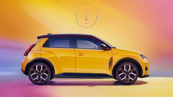 Žuti Renault 5 prikazan sa strane, uz simbol za preuzimanje koji označava ažuriranje sustava putem openR veze.