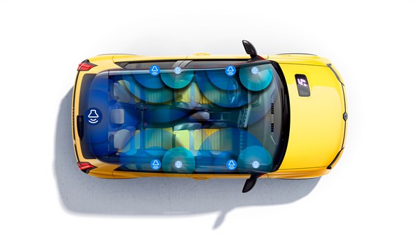 Pogled odozgo na žuti Renault 5 s označenim Harman Kardon® zvučnicima raspoređenima unutar kabine.