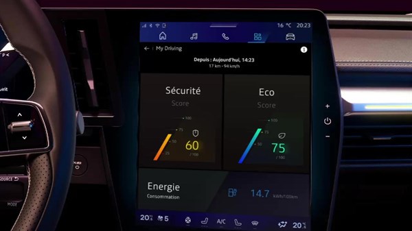 Središnji zaslon vozila s prikazom rezultata vožnje: sigurnost 60, ekonomičnost 75 i potrošnja energije 14,7 kWh/100 km.