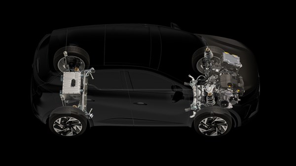 Poluprozirni bočni prikaz vozila Captur full hybrid E-Tech s prikazanim komponentama hibridnog sustava








