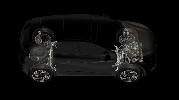 Bočni prikaz vozila Captur full hybrid E-Tech s prikazom unutarnjih komponenti hibridnog pogona i ovjesa
